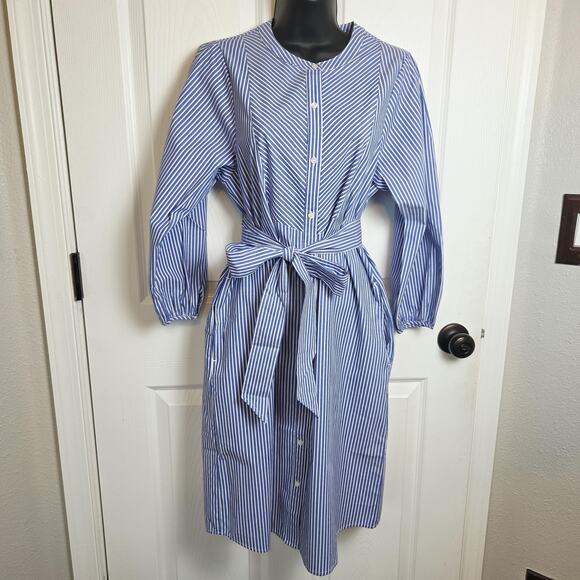J. McLaughlin Dresses & Skirts - J Mclaughlin Striped Shirt Dress Medium Blue Midi Bow Belt Pockets Nautical